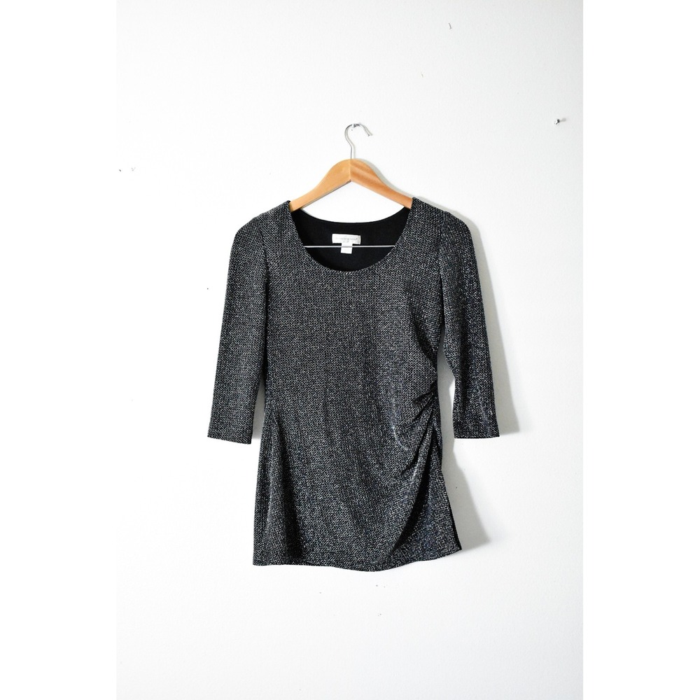 Christopher & Banks Blouse‎ Women 10 Black Silver Metallic Ruched 3/4 Sleeve